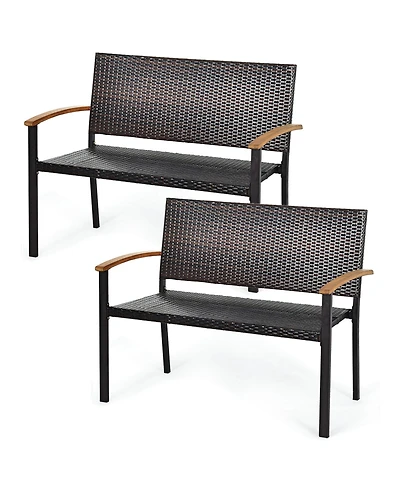 Gymax Set of 2 Patio Wicker Bench All Weather Rattan Chair Loveseat w/ Acacia Armrest