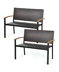 Gymax Set of 2 Patio Wicker Bench All Weather Rattan Chair Loveseat w/ Acacia Armrest