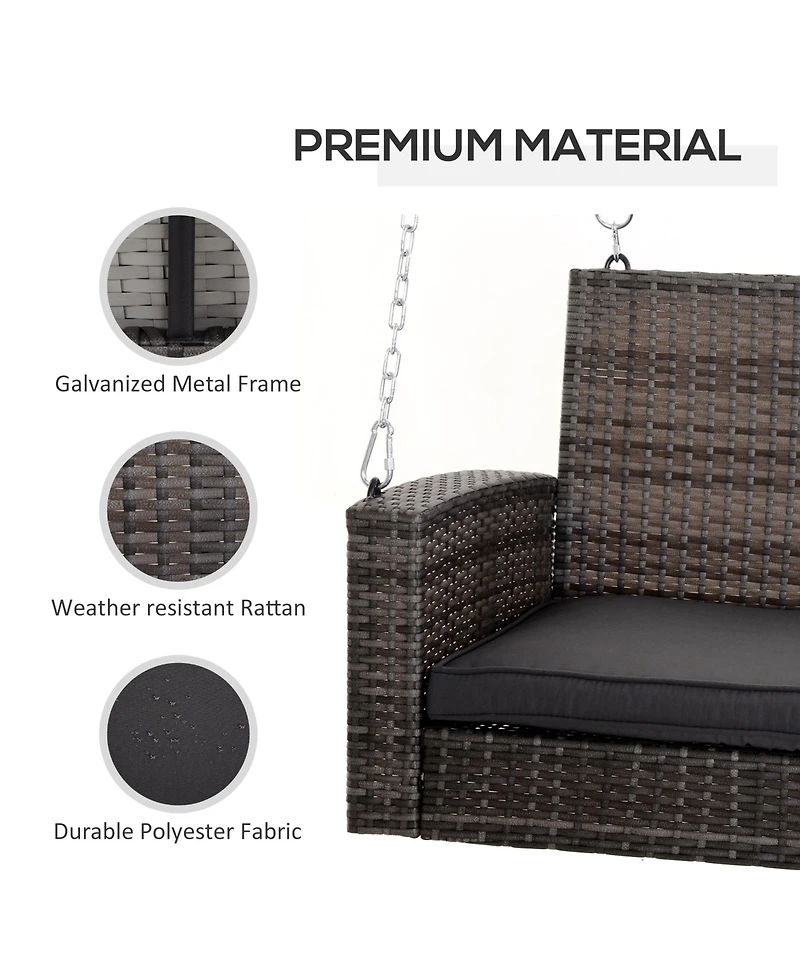 Flynama 2 Person Wicker Hanging Swing Bench, Front Porch Swing Outdoor Chair with Cushions 550 lbs. Weight Capacity for Backyard, Garden, Grey