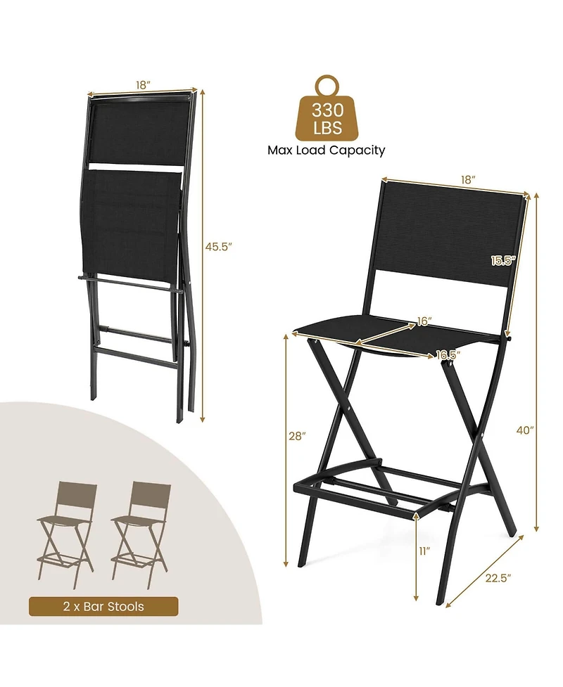 Costway Set of 2 Outdoor Bar Chair Folding Bar Height Stool with Metal Frame