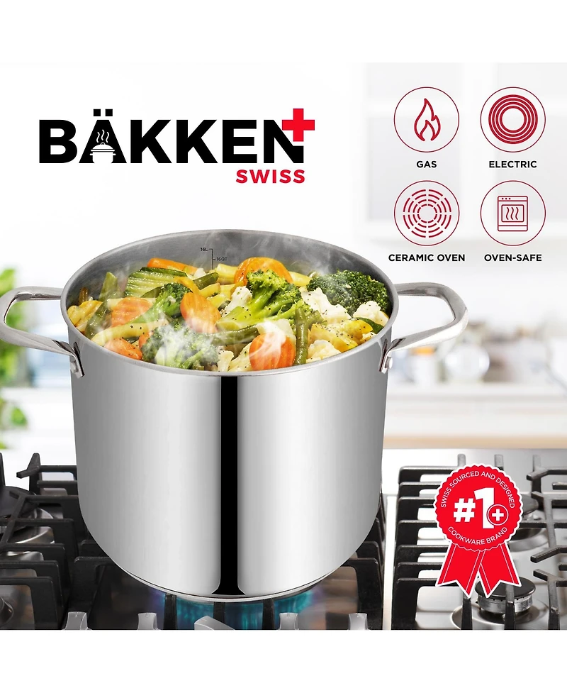 Bakken-Swiss Deluxe 16-Quart Stainless Steel Stockpot w/Tempered Glass See-Through Lid - Simmering Delicious Soups Stews & Induction Cooking