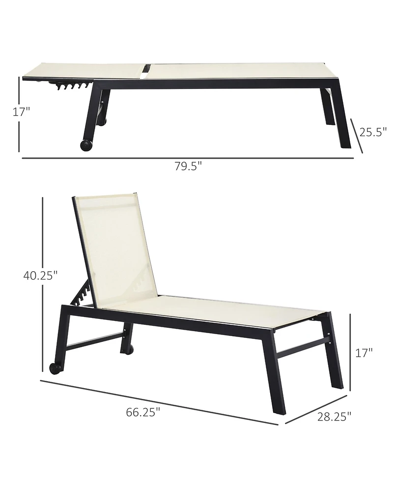 Flynama Outdoor Lounge Chair, Patio Lounger with 5-Position Reclining Backrest and 2 Wheels for Poolside, Beach, Lawn, Cream White