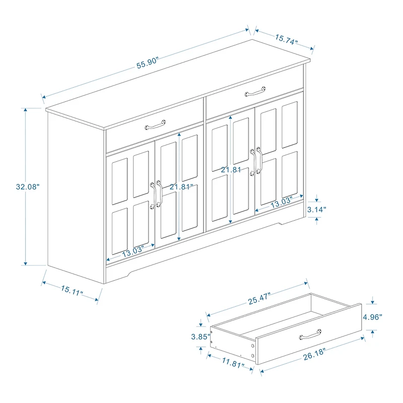 Casainc 55.91" Farmhouse Sideboard Buffet Cabinet with 2 Drawers and 4 Doors for Dining Storage