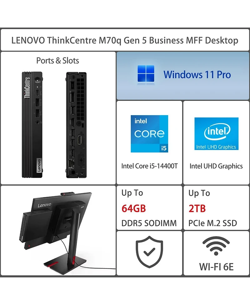 Lenovo ThinkCentre M70q Business Mff Desktop Intel Core i5 14400T 16GB Ram Intel Uhd Graphics 256GB Ssd Storage Windows 11 Pro - Black
