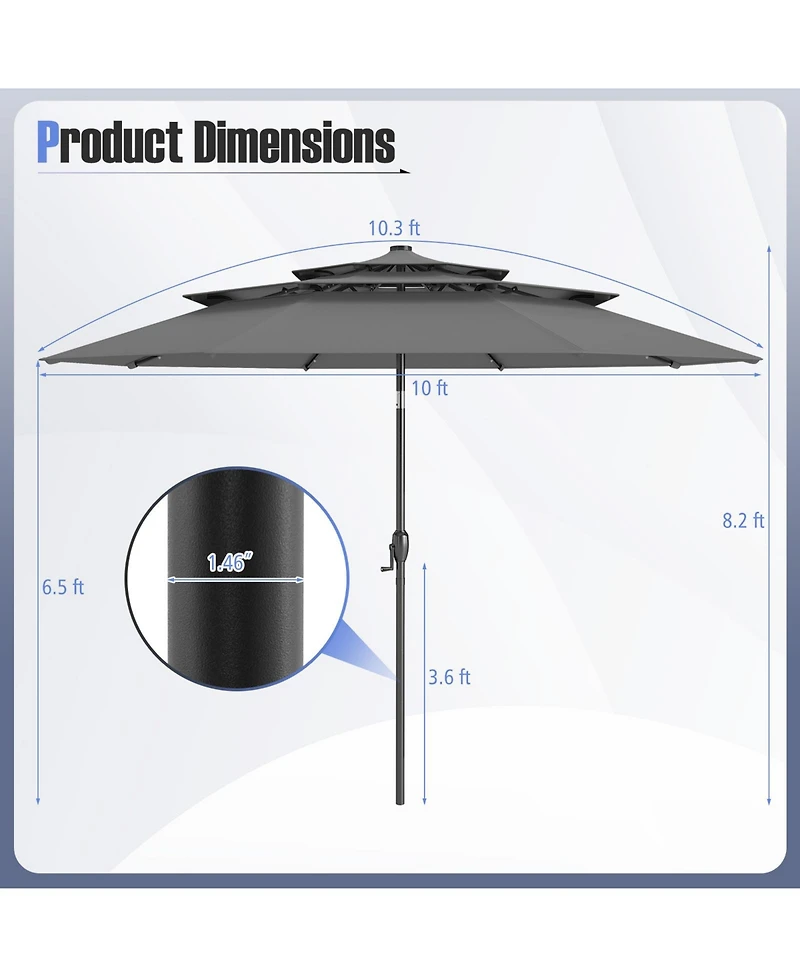 Gymax 10 Ft Solar Patio Umbrella w/ 32 Led Lights 3-Tier Vented Top Tilt Adjustment
