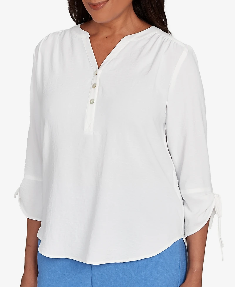 Alfred Dunner Women's Tie Sleeve Crinkle Textured Henley Top