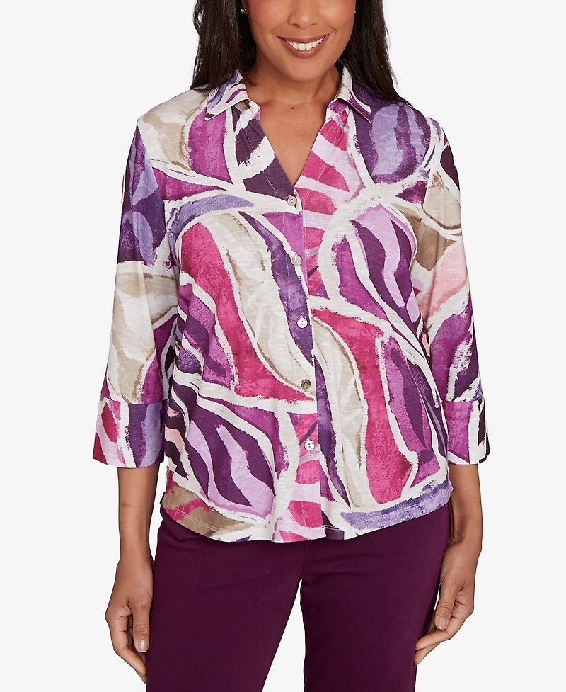 Alfred Dunner Women's Urban Legend Abstract Floral Button Front Top