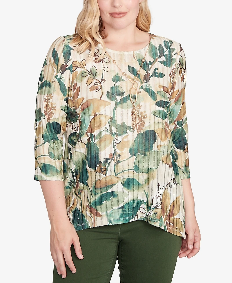 Alfred Dunner Women's Mount Laurel Abstract Leaf Sharkbite Hem Top with Necklace