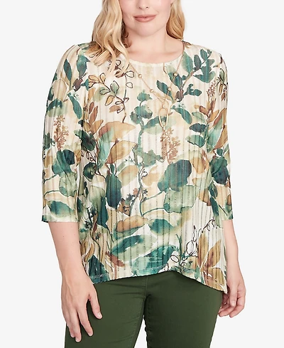 Alfred Dunner Women's Mount Laurel Abstract Leaf Sharkbite Hem Top with Necklace