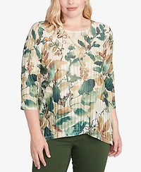 Alfred Dunner Women's Mount Laurel Abstract Leaf Sharkbite Hem Top with Necklace