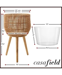 Casafield Floor Planter with Wood Legs in Natural, Planter Basket with Stand, Large Plant Pot Cover with Liner