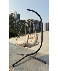 Flynama Swing Egg Chair with Stand Indoor Outdoor Wicker Rattan Patio Basket Hanging Chair with C Type bracket , with cushion and pillow,Patio Wicker