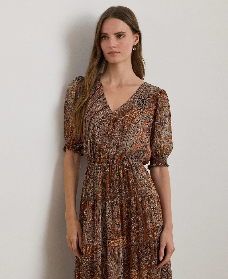 Lauren Ralph Women's Crinkle 58-Jeho Puffed Sleeve Georgette Dress