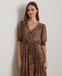 Lauren Ralph Women's Crinkle 58-Jeho Puffed Sleeve Georgette Dress