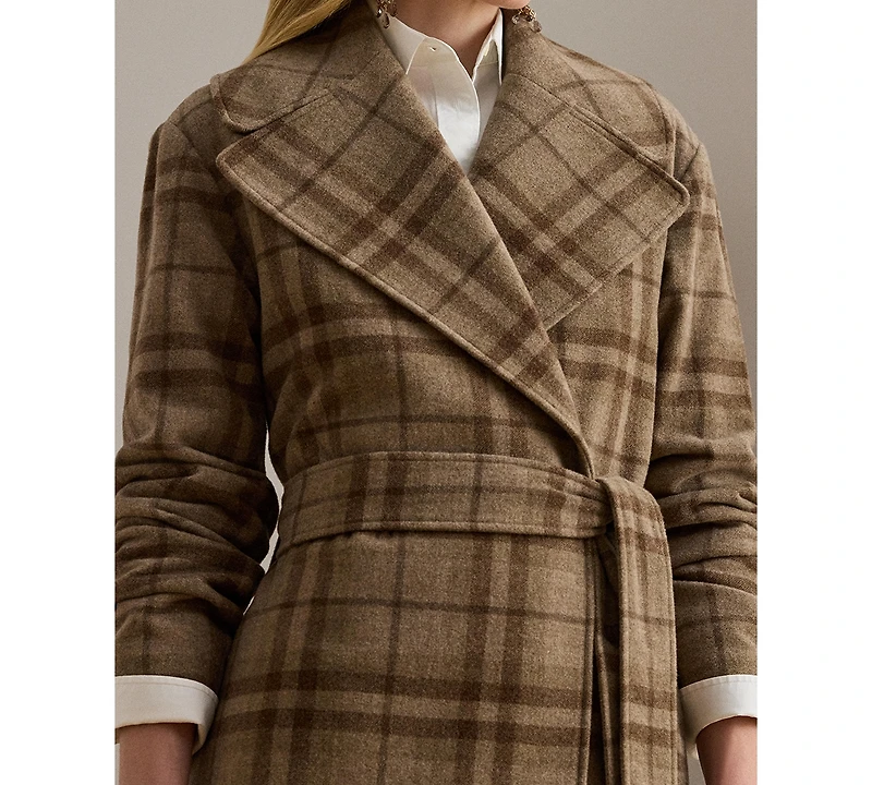 Lauren Ralph Women's Plaid Wool Blend Twill Wrap Coat
