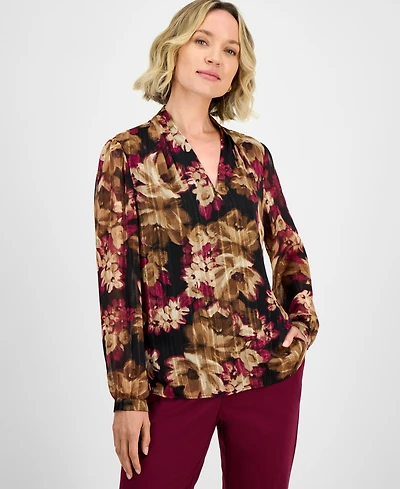 Kasper Floral-Print V-Neck Long-Sleeve Blouse, Regular & Petites