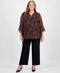 Jones New York Plus Printed V-Neck Flutter-Sleeve Top