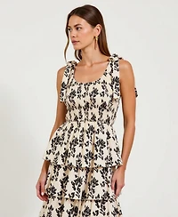 Modenaire Women's Smocked Tiered Bow-Tie Straps Floral Midi Dress