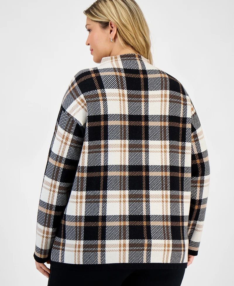 Jones New York Plus Plaid Funnel-Neck Long-Sleeve Top