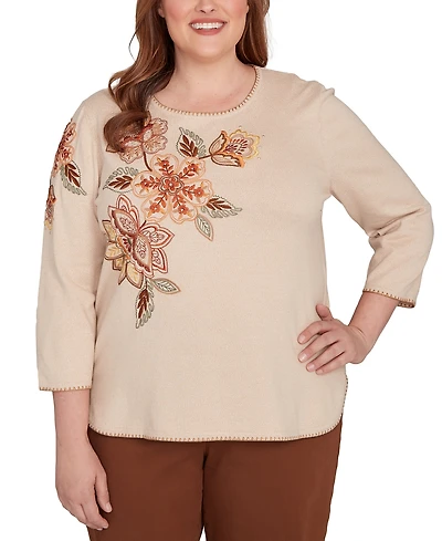 Alfred Dunner Plus Mount Laurel Asymmetrical Embroidered Flower Sweater