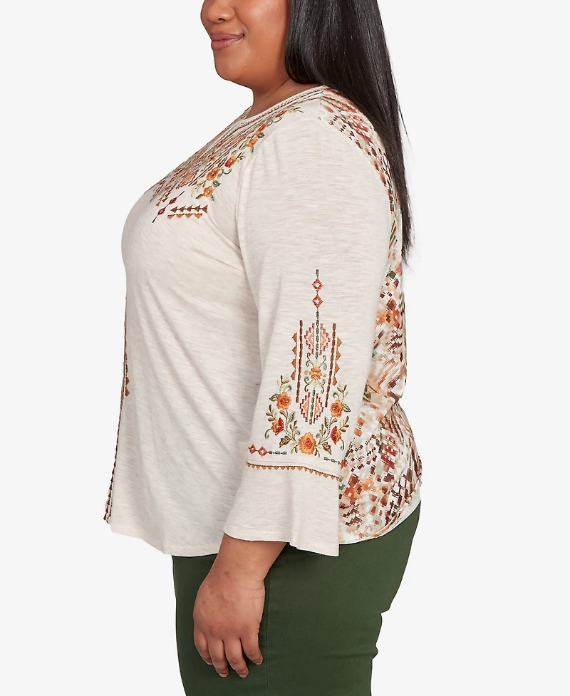 Alfred Dunner Plus Mount Laurel Geometric Floral Embroidery Printed Top
