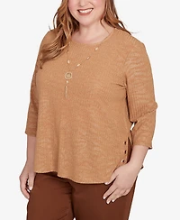 Alfred Dunner Plus Mount Laurel Shimmer Animal Jacquard Pull On Top with Necklace