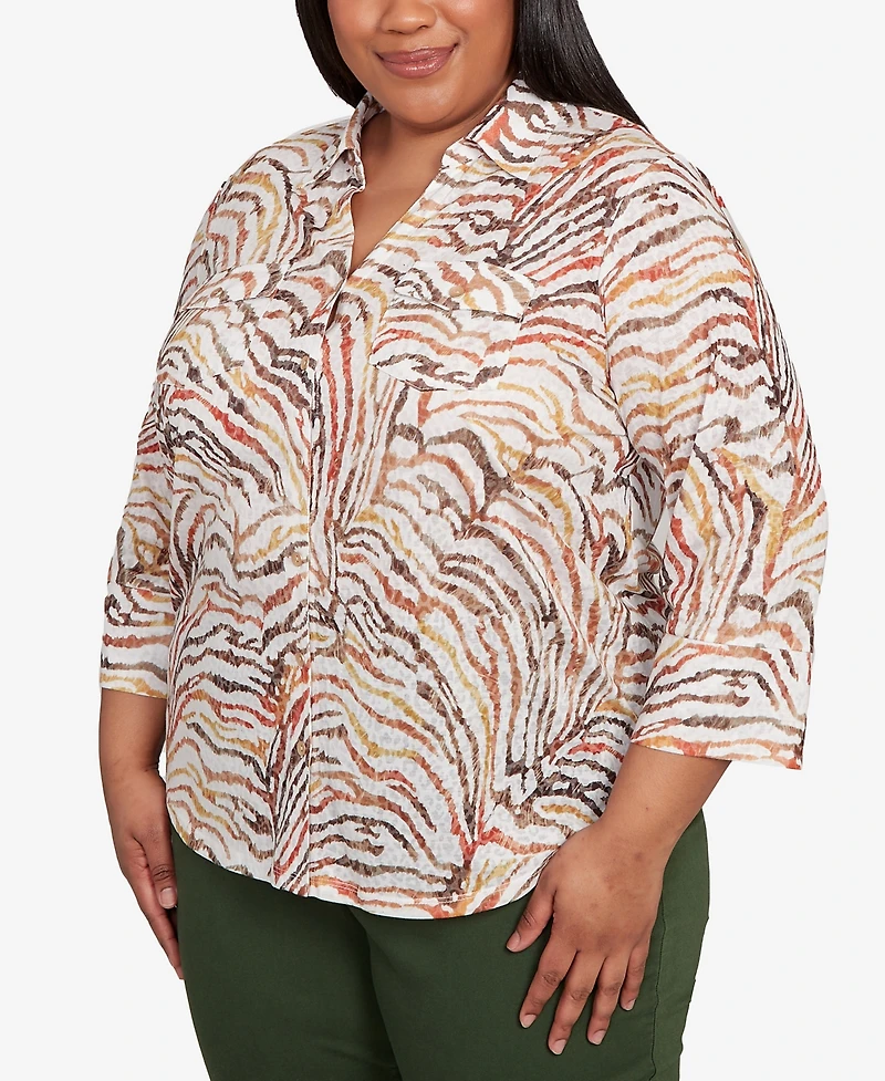 Alfred Dunner Plus Mount Laurel Animal Burnout Button Front Top