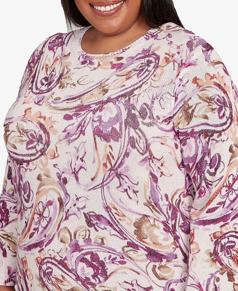 Alfred Dunner Plus Urban Legend Shimmer Paisley Crew Neck Sweater