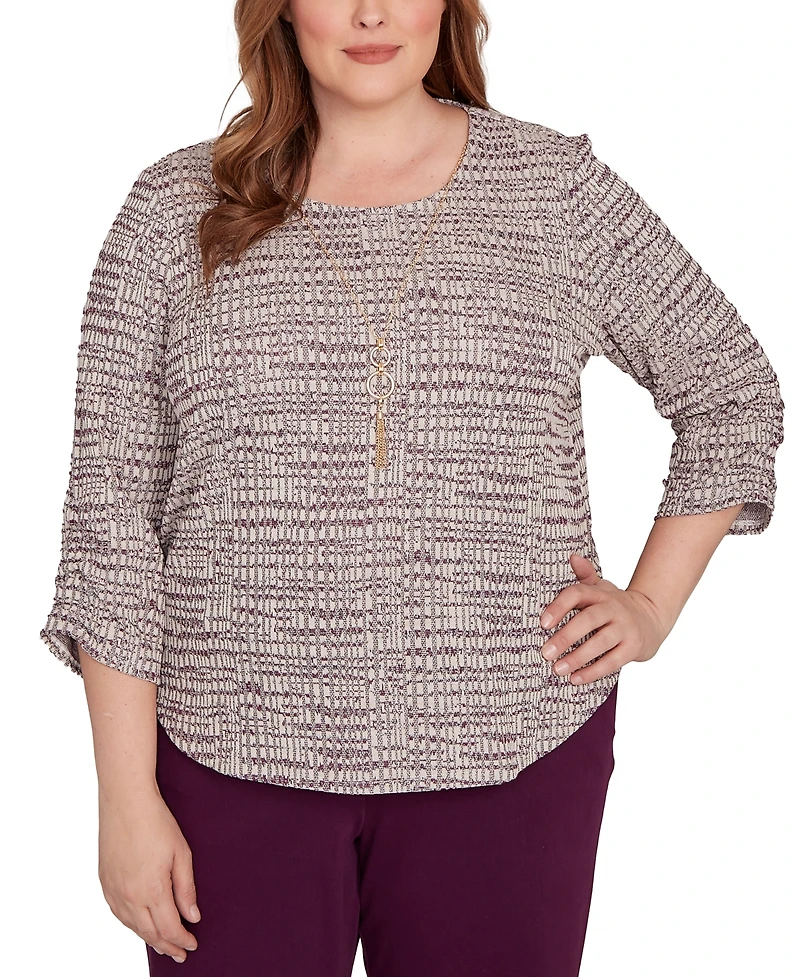 Alfred Dunner Plus Urban Legend Textured Shimmer Space Dye Top with Necklace