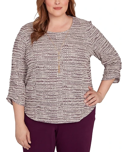 Alfred Dunner Plus Urban Legend Textured Shimmer Space Dye Top with Necklace