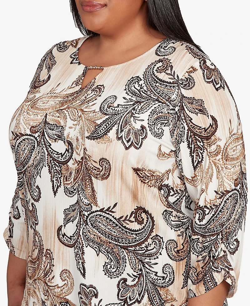 Alfred Dunner Plus Textured Paisley Ruched Sleeve Top