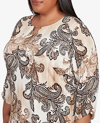 Alfred Dunner Plus Textured Paisley Ruched Sleeve Top