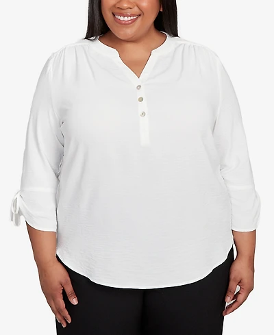 Alfred Dunner Plus As Usual Tie Sleeve Crinkle Textured Henley Top