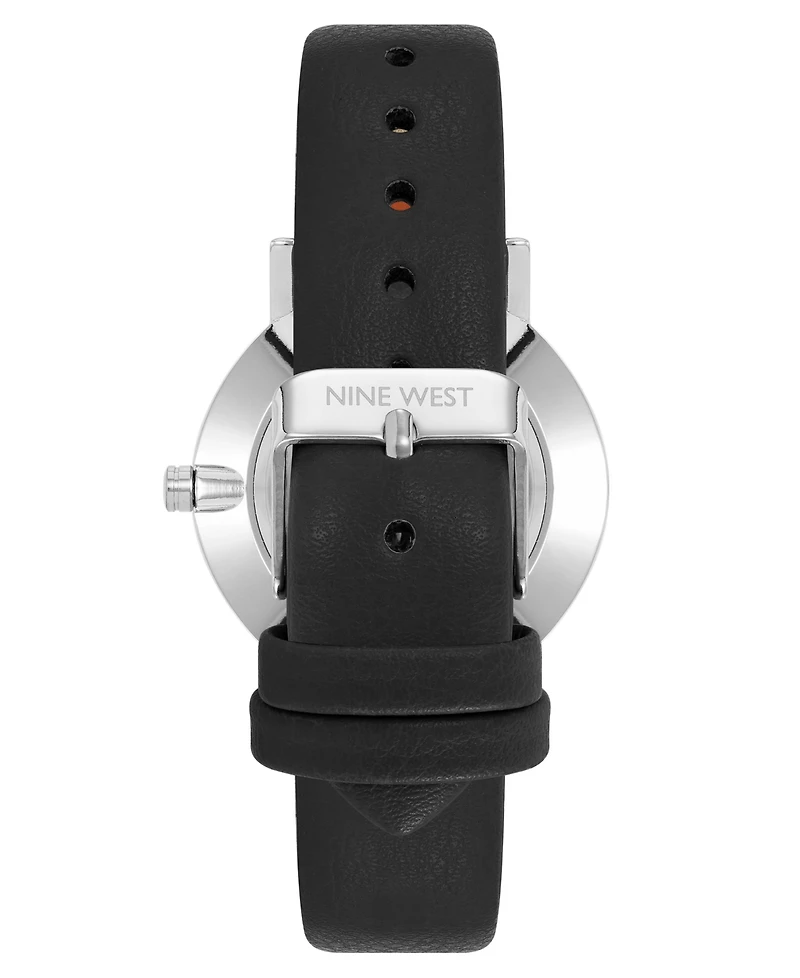 Nine West Women's Quartz Signature Black Leather and Silver-Tone Watch, 34mm