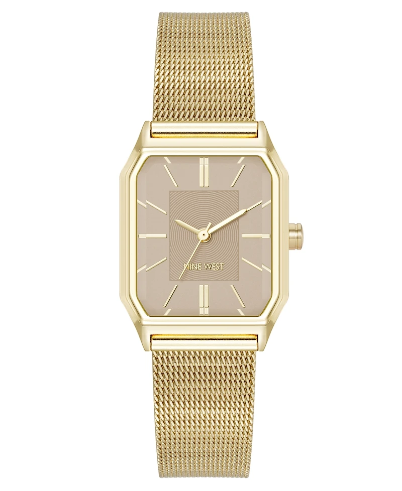 Nine West Women's Quartz Faceted Tan and Gold-Tone Stainless Steel Mesh Watch, 26mm
