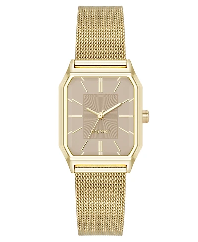 Nine West Women's Quartz Faceted Tan and Gold-Tone Stainless Steel Mesh Watch, 26mm