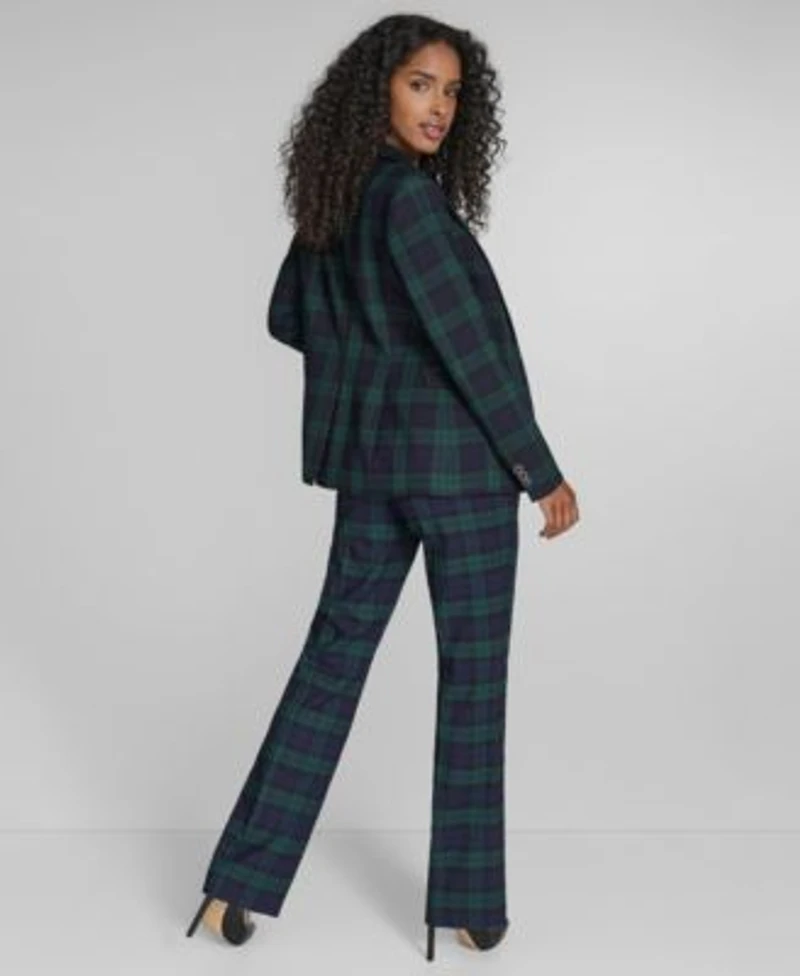 Tommy Hilfiger Womens Watch Plaid Slim Fit Blazer Bootcut Trousers Pleated Long Sleeve Button Down