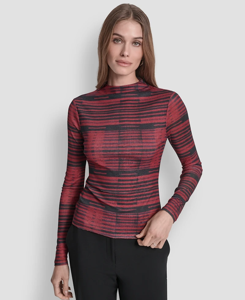 Dkny Women's Long Sleeve Fitted Funnel Neck Tissue Mesh Top
