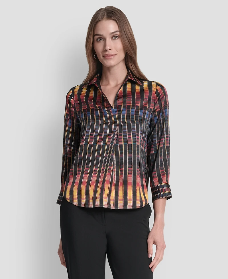 Dkny Women's Printed Satin Long Sleeve V-Neck Blouse