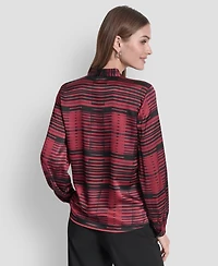 Dkny Women's Printed Satin with Covered Placket and Tie Neck Blouse