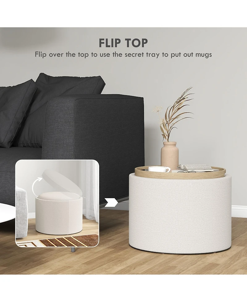 Homcom Round Storage Ottoman Table with Flip Top Tray,