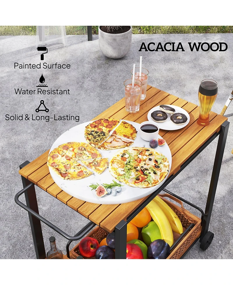 Outsunny Acacia Wood Outdoor Bar Cart, 2-Tier Outdoor Serving Cart,