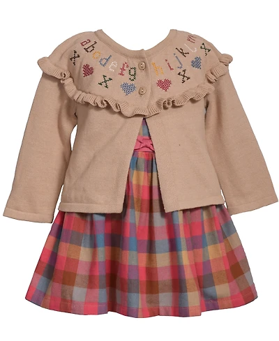Bonnie Baby Girls 2-Piece Embroidered Sweater and Plaid Dress Set