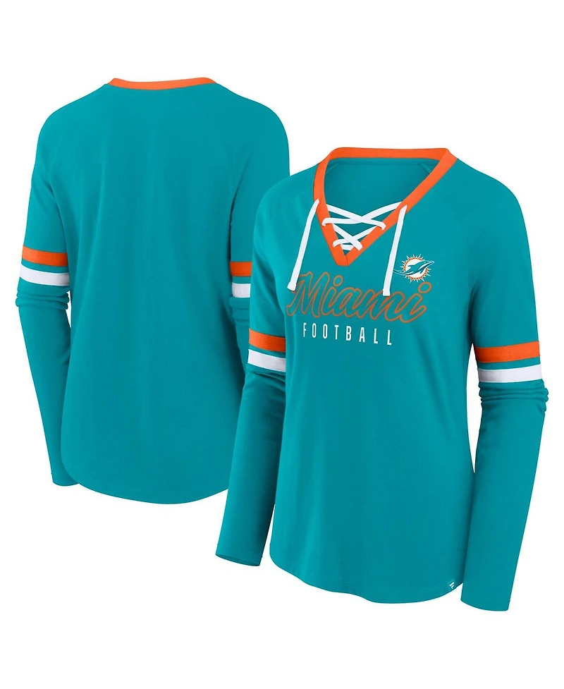 Fanatics Women's Aqua Miami Dolphins Won and Done Lace-Up Long Sleeve Fashion Top
