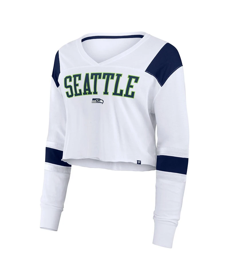 Fanatics Women's White Seattle Seahawks Stretch Cropped Fashion Long Sleeve T-Shirt
