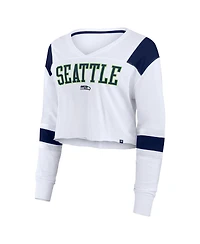 Fanatics Women's White Seattle Seahawks Stretch Cropped Fashion Long Sleeve T-Shirt