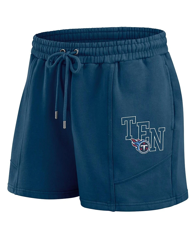 Wear by Erin Andrews Women's 2-Pieces Navy Tennessee Titans Washed Fleece Long Sleeve T-Shirt and Shorts Lounge Set