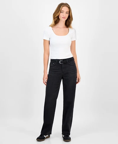 Tinseltown Juniors' Belted Slim-Fit Wide-Leg Jeans