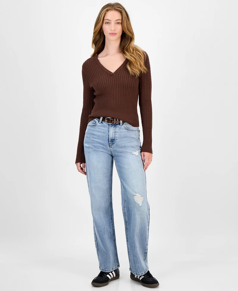 Tinseltown Juniors' Belted Slim-Fit Wide-Leg Jeans