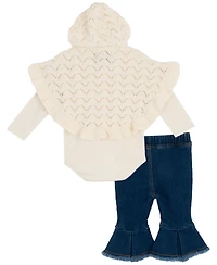 Rare Editions Baby Girls 3-Piece Hooded Poncho, Bodysuit and Denim Leggings Set